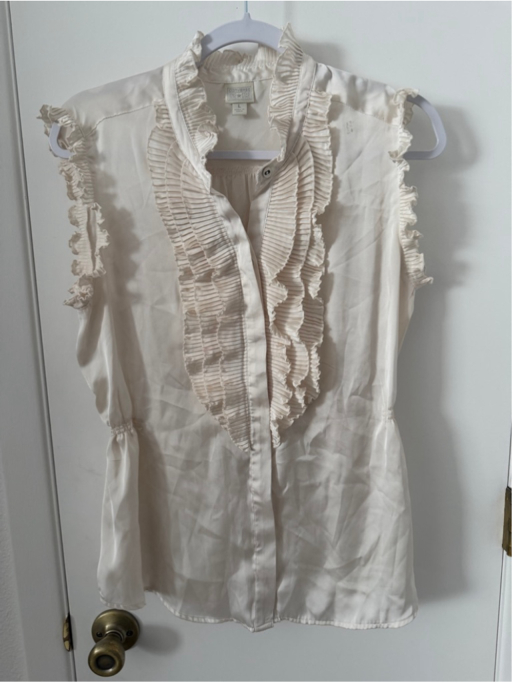 Converse One Star Ruffle Blouse Large Cream Sleeveless Pleated Front Top Boho